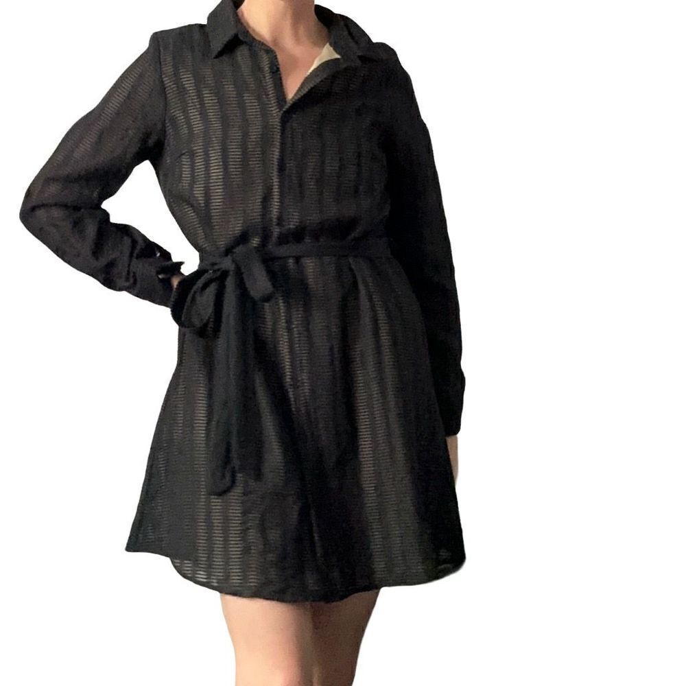 Doe & Rae Black Sheer Stripe Midi Shirt Dress
